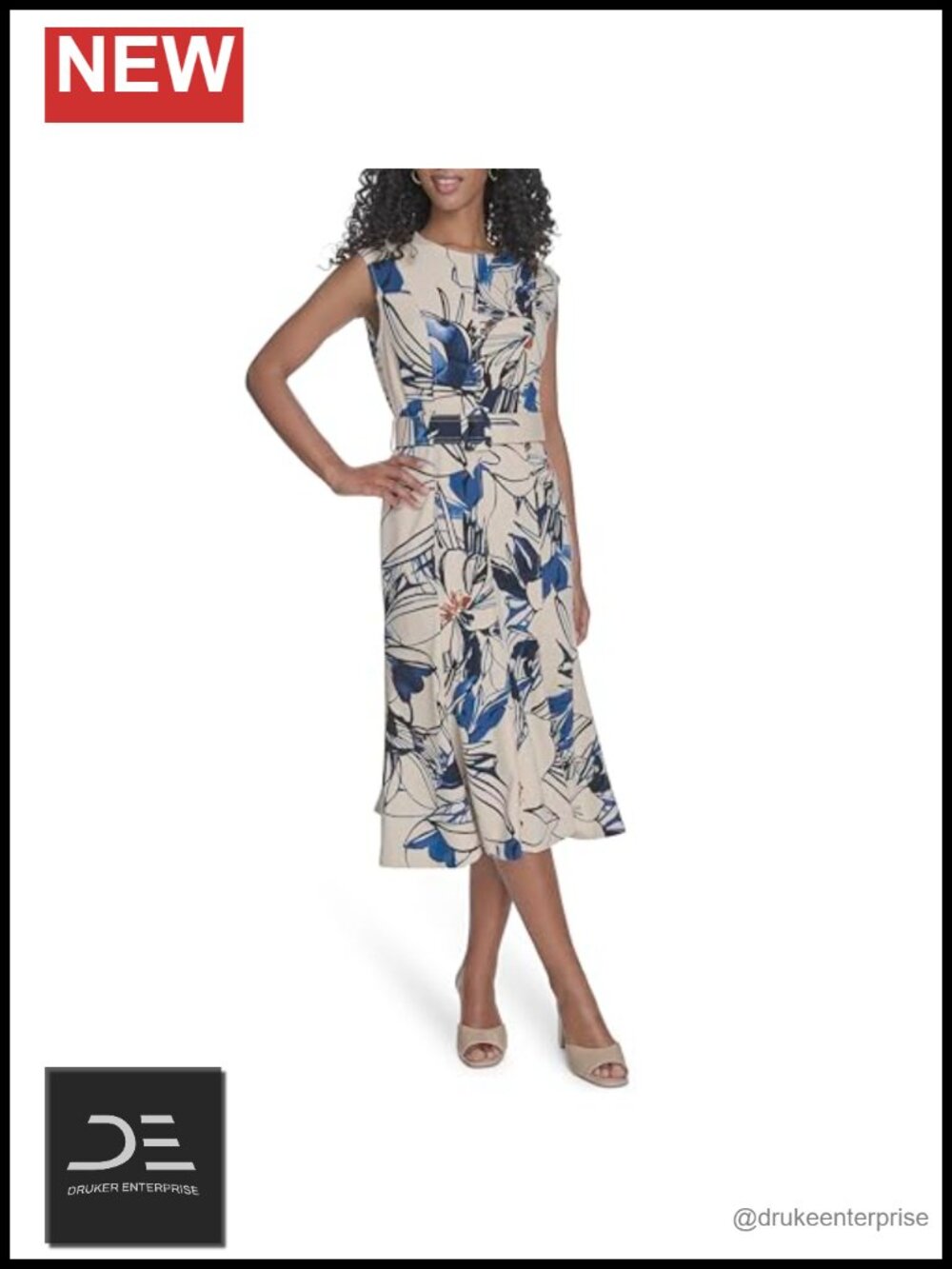 Calvin Klein Printed Scuba Crepe Belted Midi Dress A-Line Sleeveless